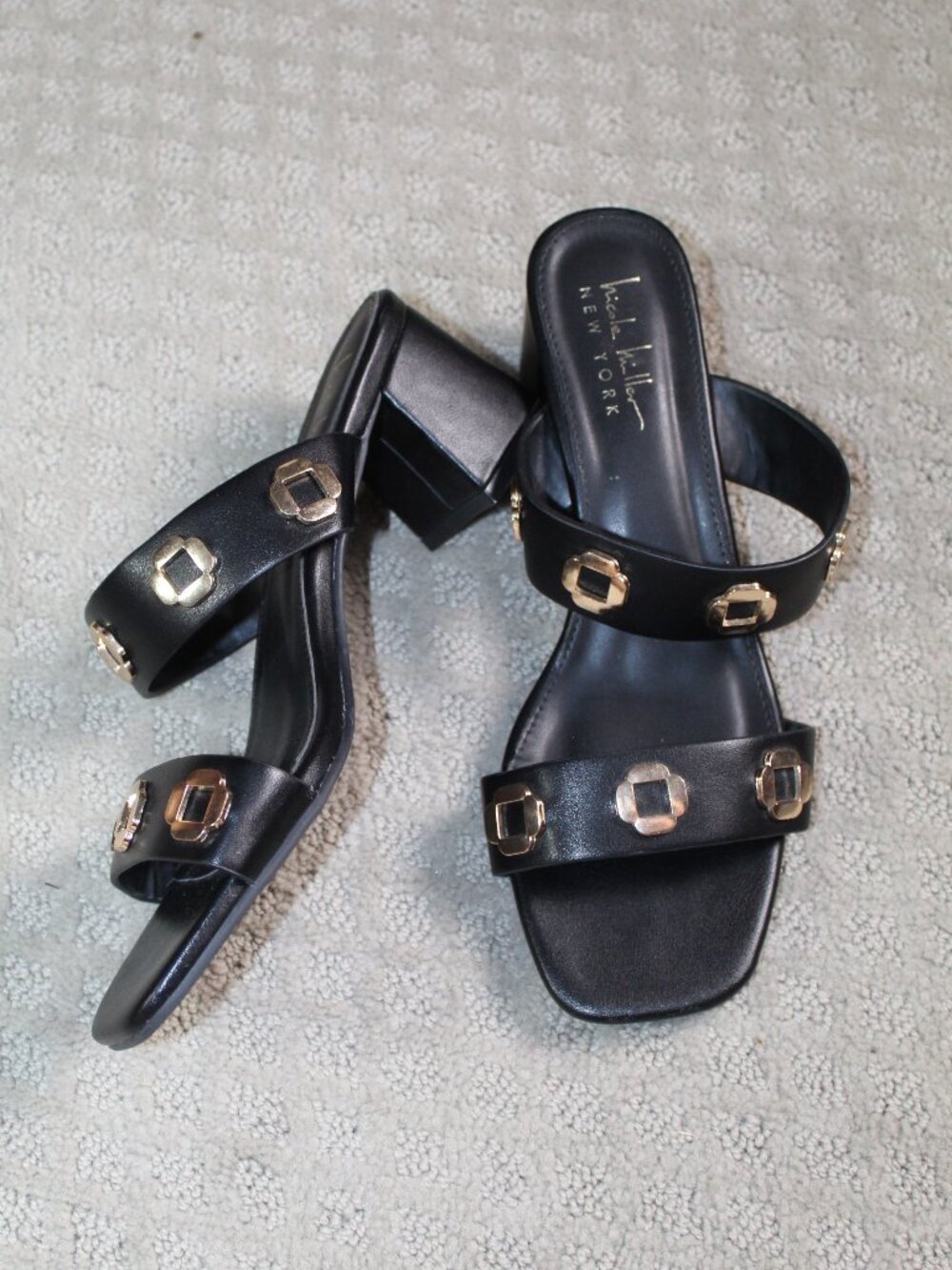 NWOT Nicole Miller Size 9.5 Black Gold Metal Accents Square Toe Block Heels